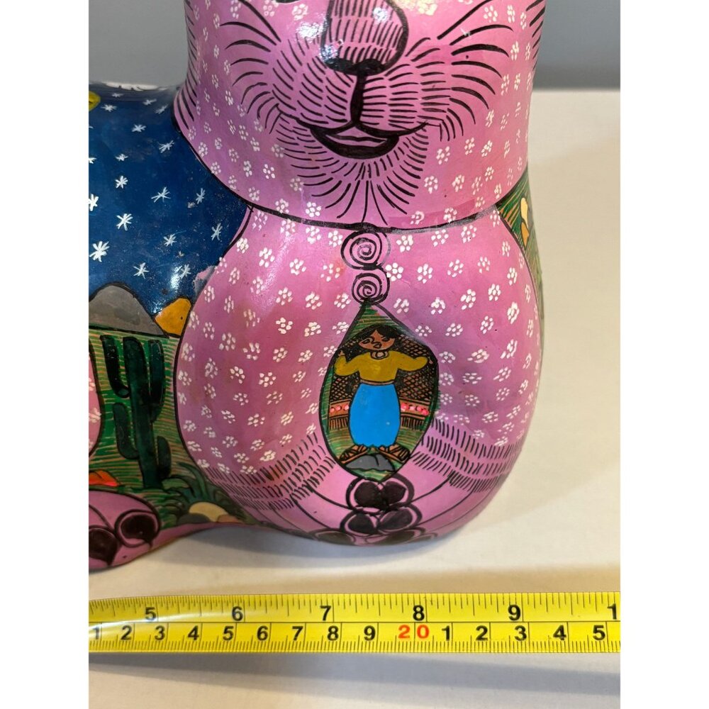 Hand Painted & Handmade Cat Purple Village Scene Pottery Tonala Mexico Folk Art - Picture 7 of 10
